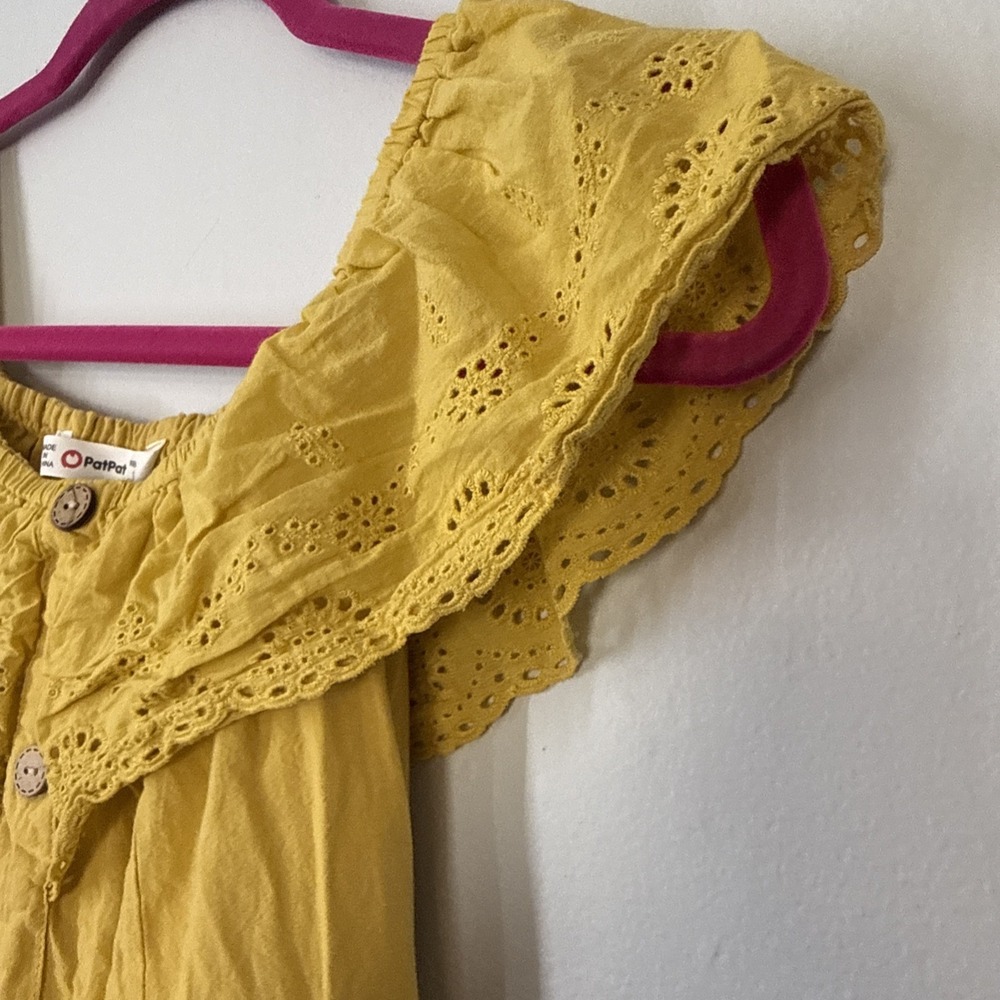 Yellow Off Shoulder Linen Dress Button Front Ruffle Summer Boho Coastal Chic S - Picture 4 of 8